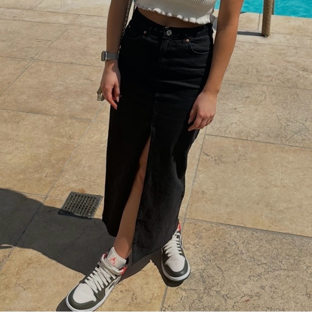 Stradivarius Black Denim Maxi Skirt